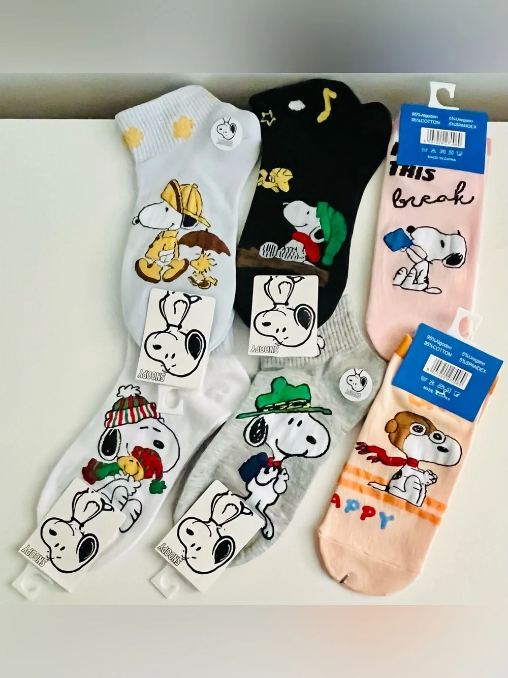 Snoopy Character Crew Socks - 6-Pack (White, Black, Gray, Pink, Peach)
